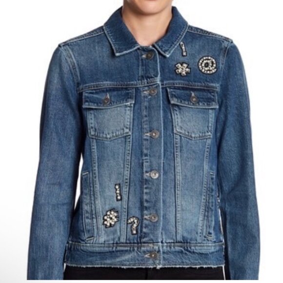 Paige “Ciao Baby!” Embellished Denim Jacket Women’s M Blue Pearl Rhinestone Jean - Picture 2 of 13